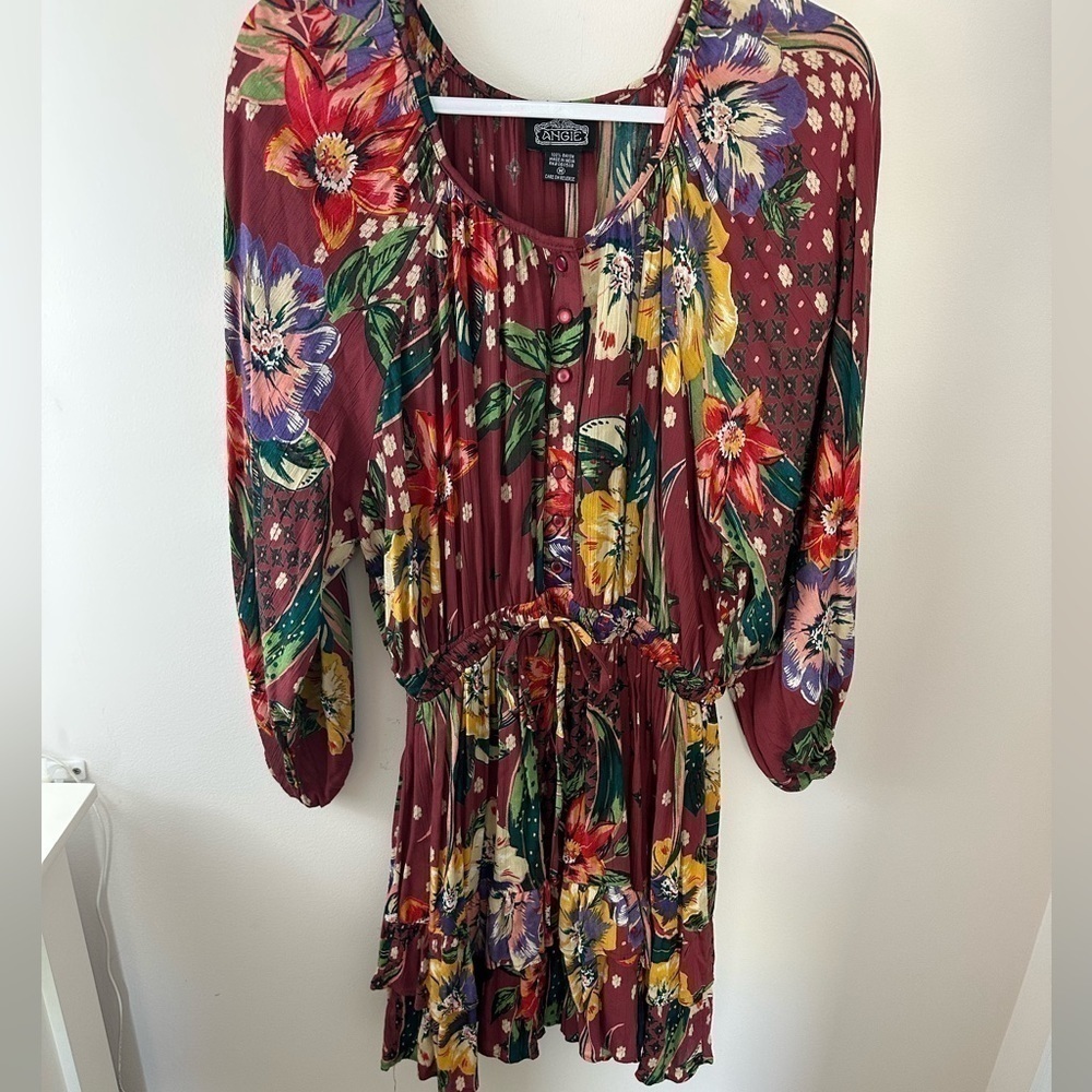 Angie Boho balloon sleeve dress flutter skirt button top tie waist size M